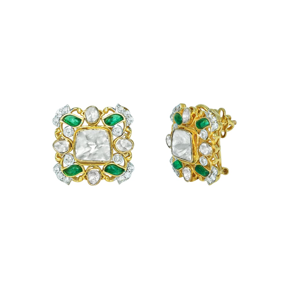 Square Polki Earrings with Emerald Leaves and Gold Filigree